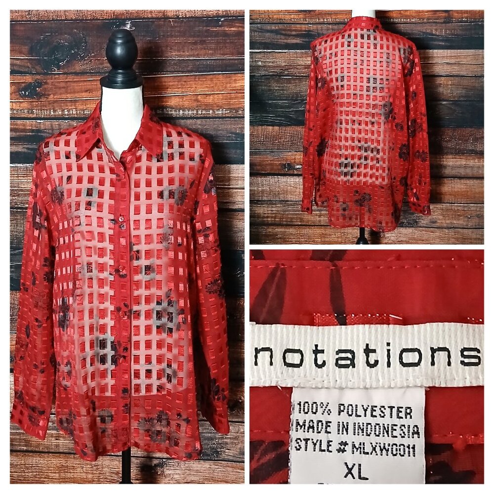 Notations Top XL Sheer Red Embellished Floral Long Sleeve Button Front Shirt